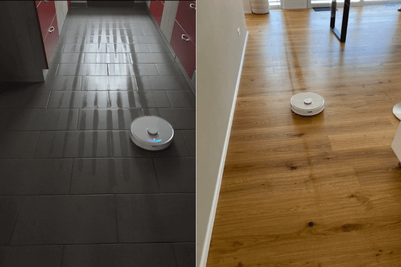 A thin mopping trace of a robotic vacuum with a mopping feature